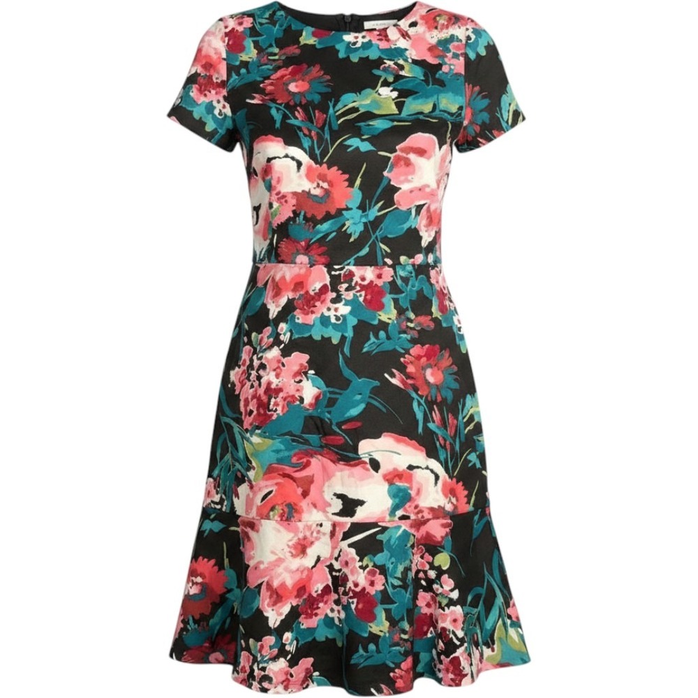 Love Ady Floral Fit and Flare Dress Black Pink Teal Ruffle Hem Large W0-6018